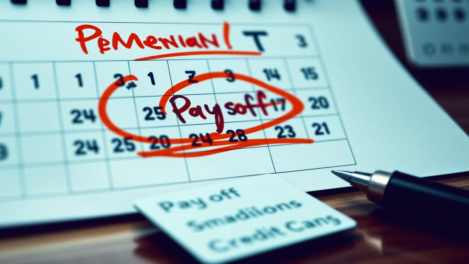Wall calendar with a circled payoff deadline beside a credit card on a desk