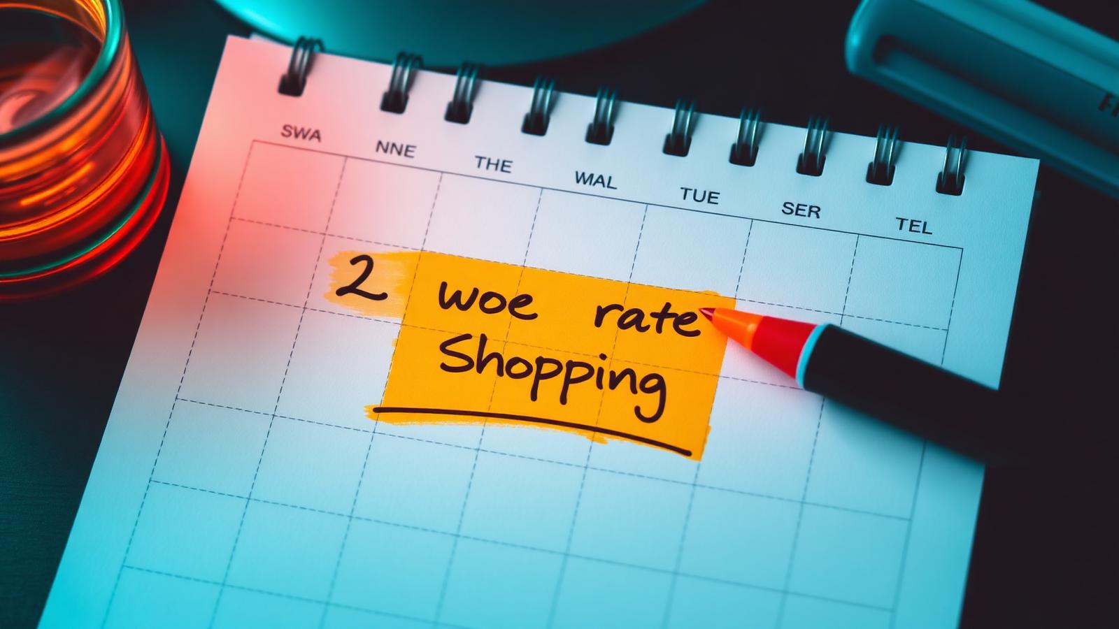 Calendar on a desk with a two-week rate shopping window marked in amber highlighter