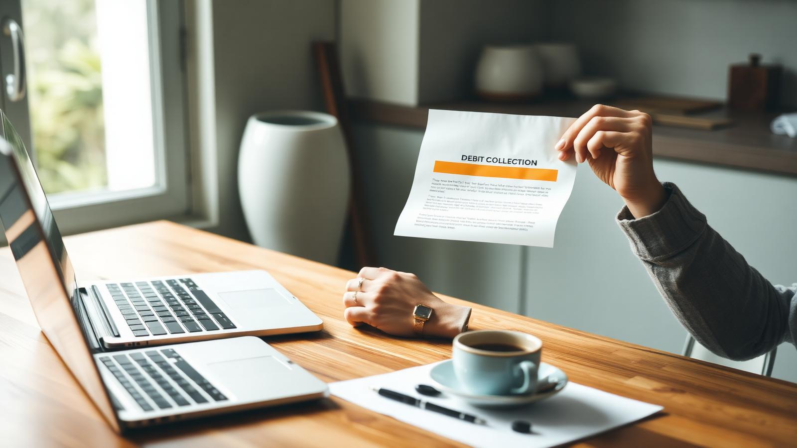 Person at a kitchen table opening a debt collection letter beside a laptop while reviewing their credit report