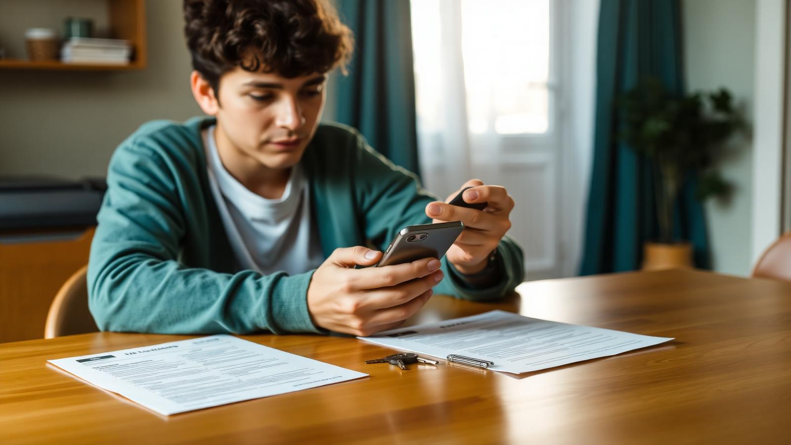 Young renter paying rent on a smartphone at an apartment table beside keys and a lease document