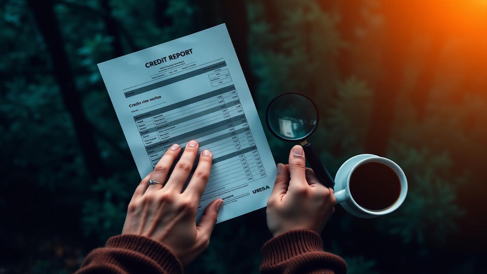 Hands holding a printed credit report page beside a magnifying glass and a coffee cup
