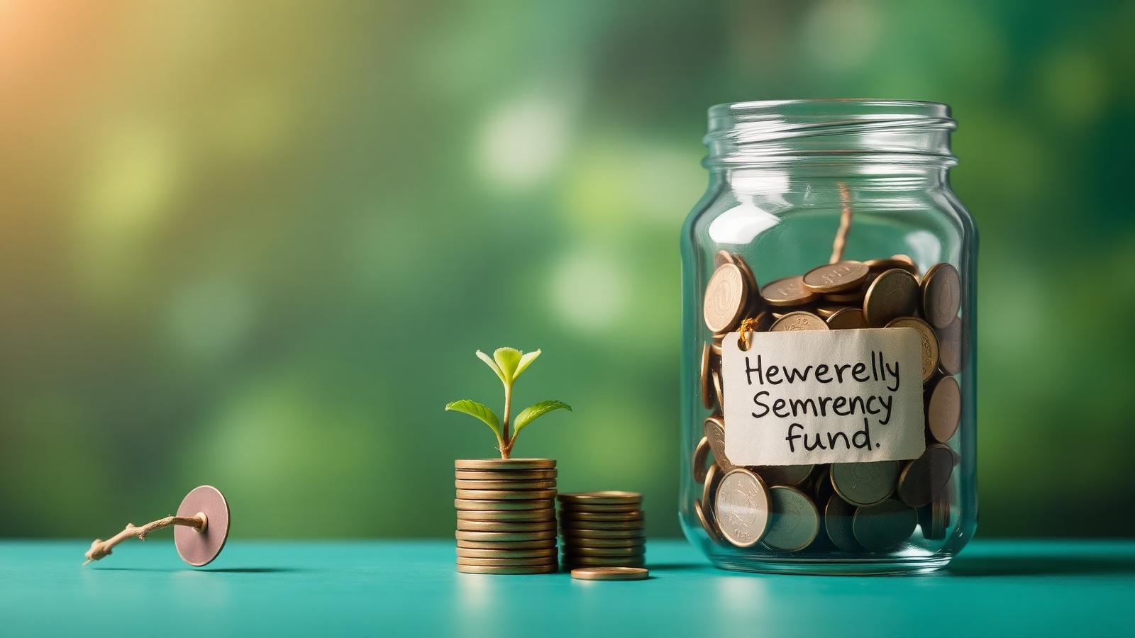 Glass savings jar filling with coins beside a growing plant
