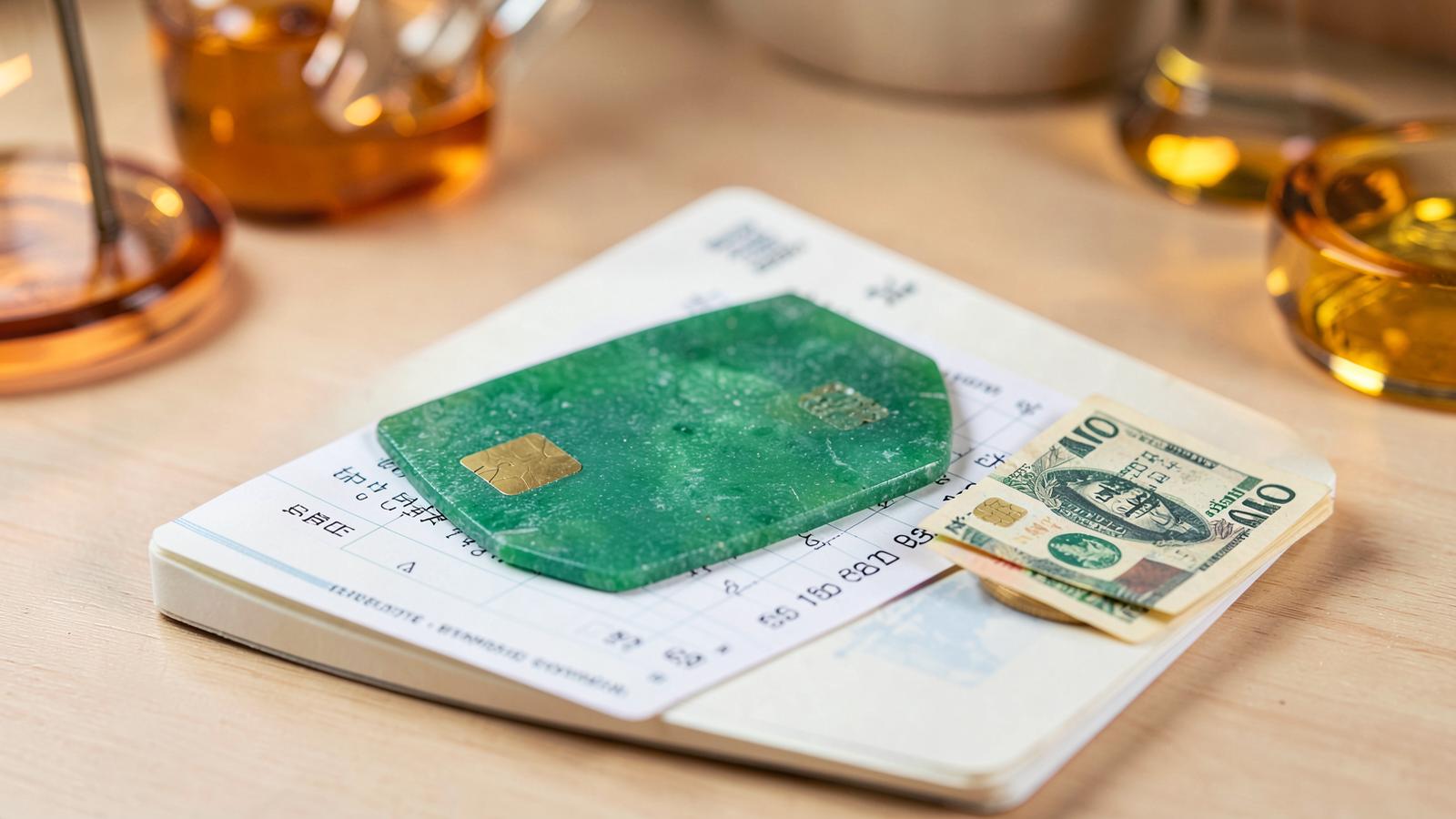 Secured credit card resting on a savings passbook with a small cash deposit beside it