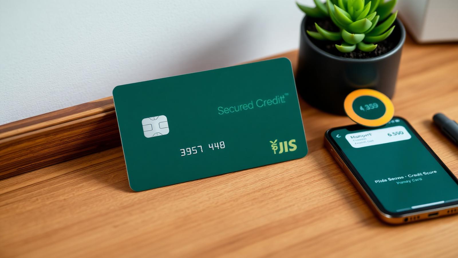 Green secured credit card on a desk beside a phone showing a credit score