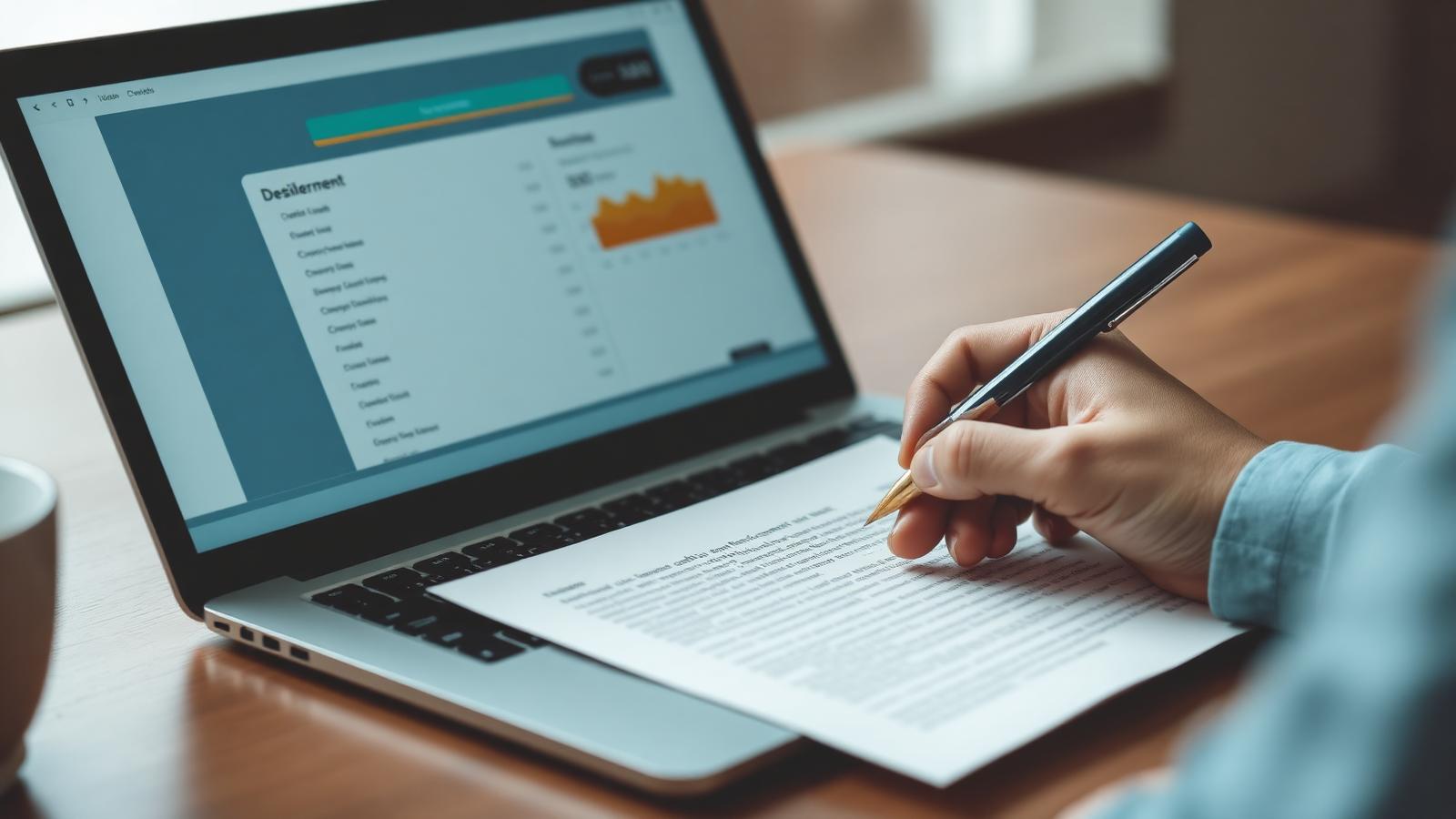 Hands writing a settlement letter beside a laptop showing a credit dashboard