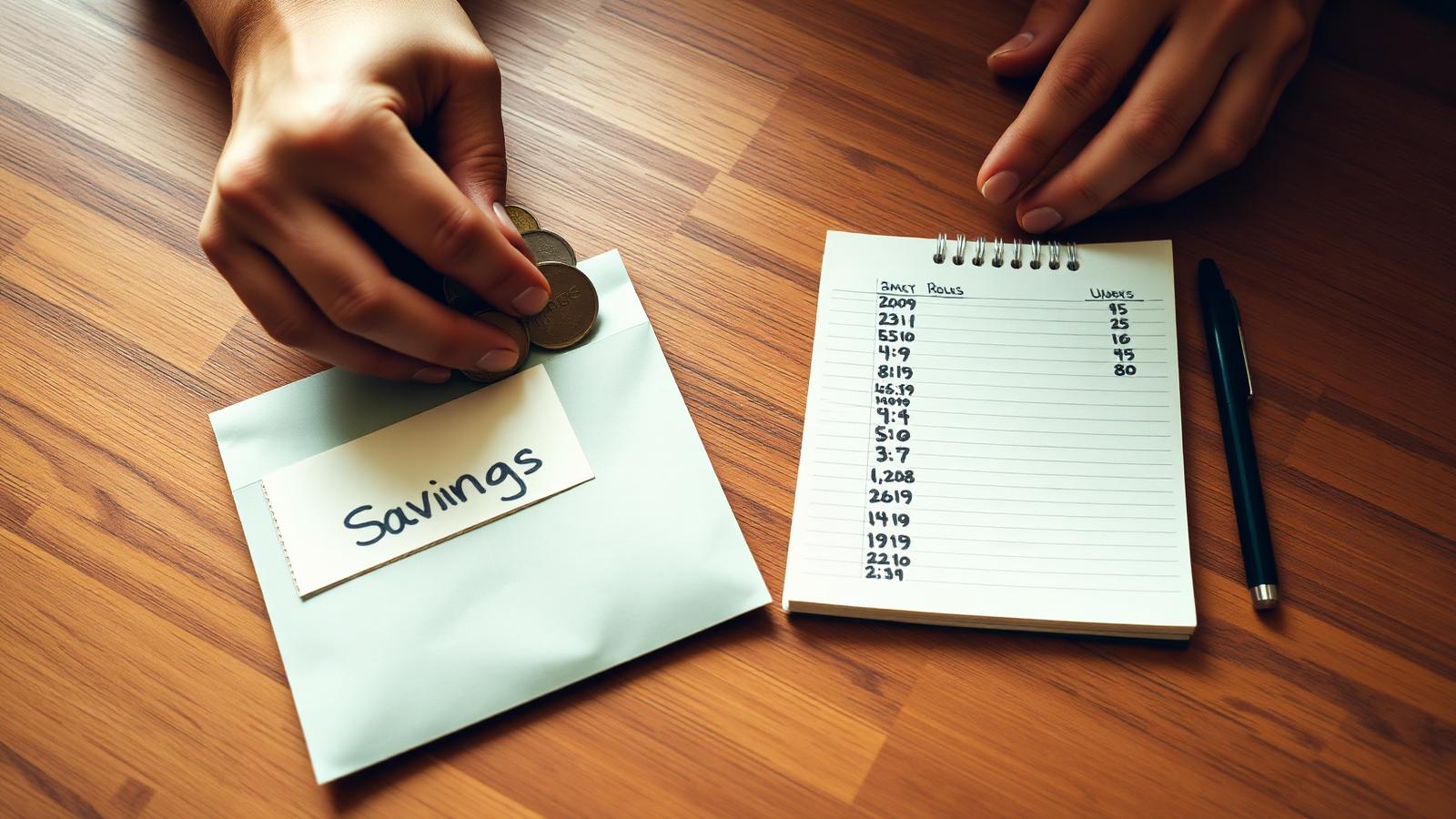 Hands placing coins into a labeled savings envelope beside a small notebook budget