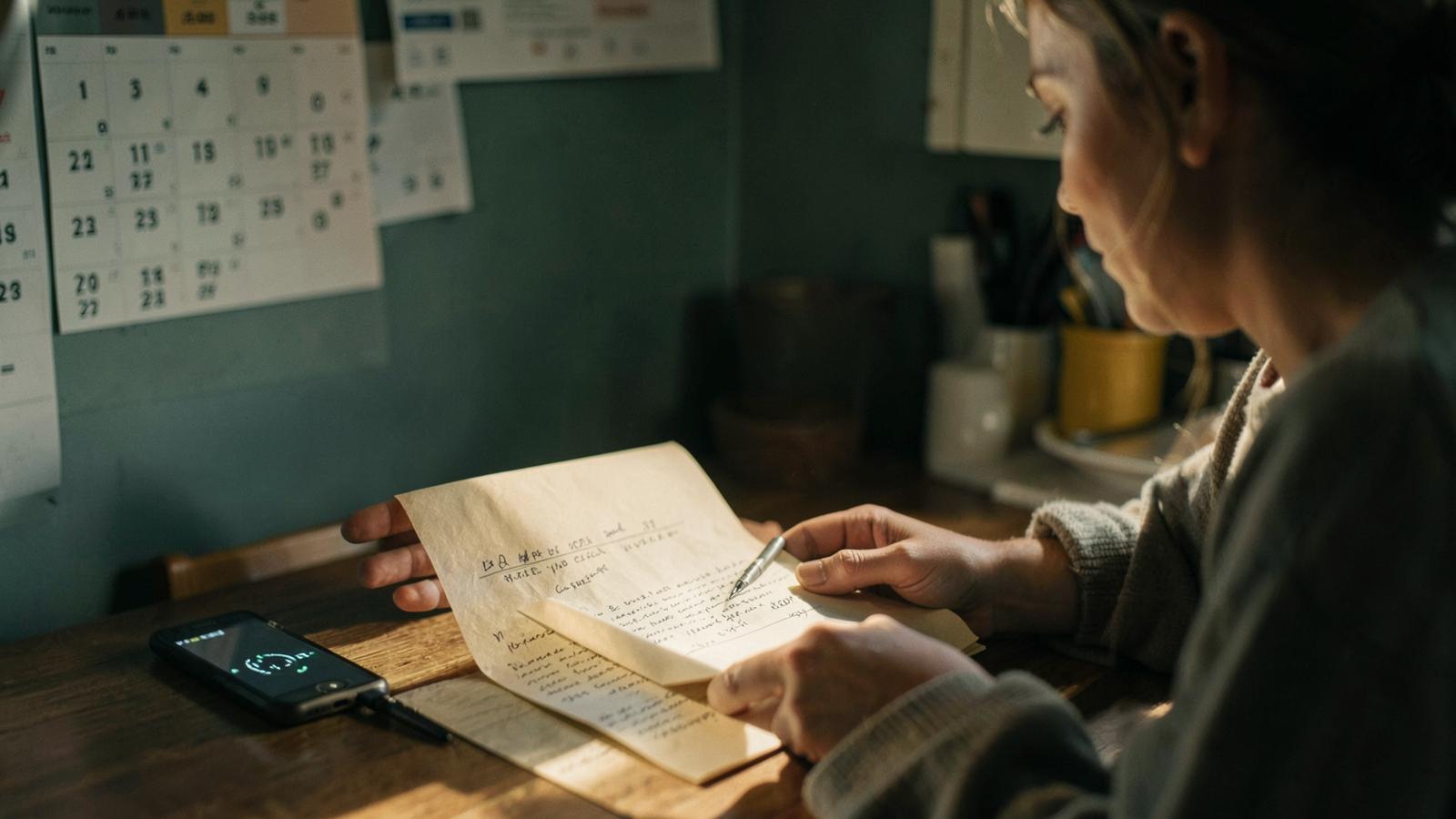 Person reviewing an old collection letter at a kitchen table with a wall calendar and phone timer nearby