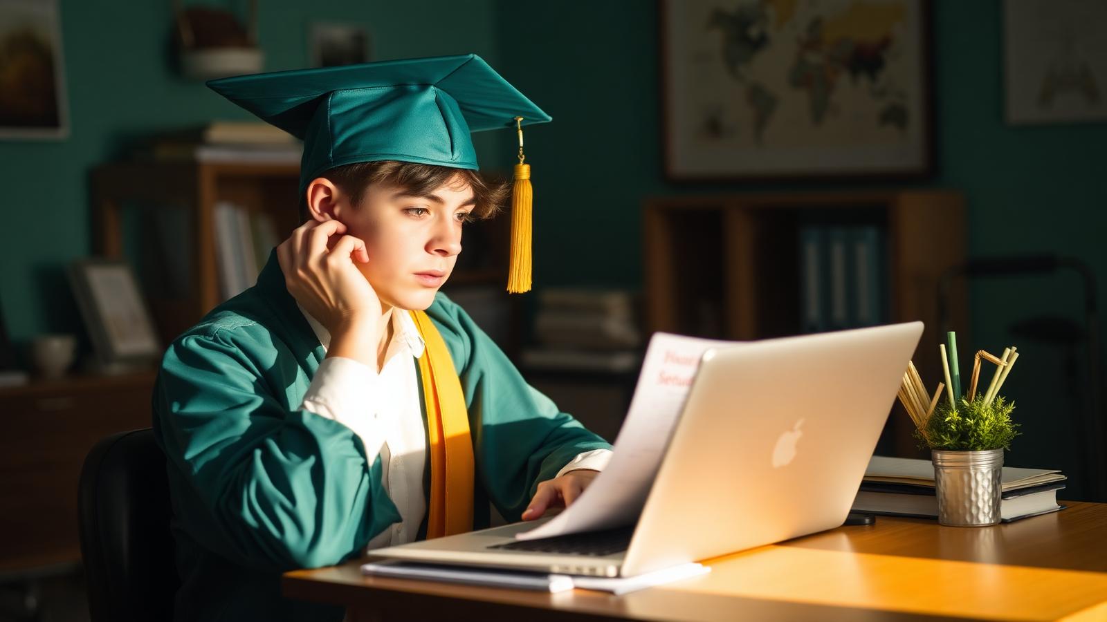 Recent graduate reviewing a student loan statement on a laptop while worrying about a missed payment