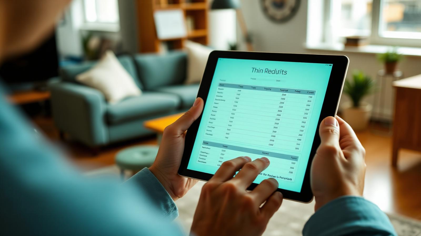 Person reviewing a sparse thin credit file report on a tablet in a bright apartment