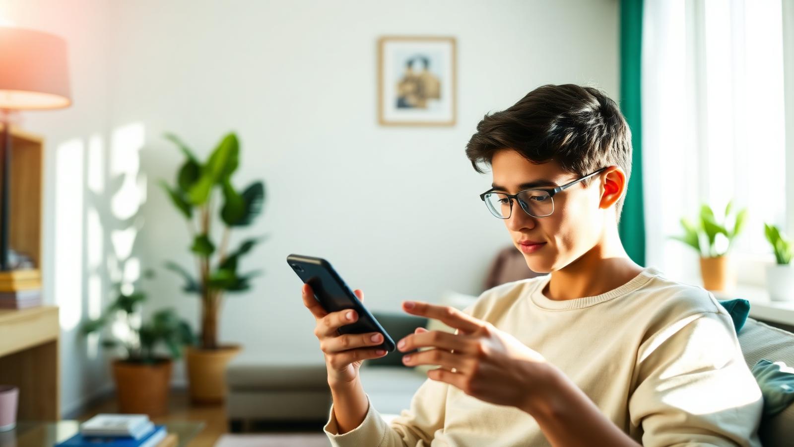 Young adult checking a credit score app on a smartphone in a sunlit apartment