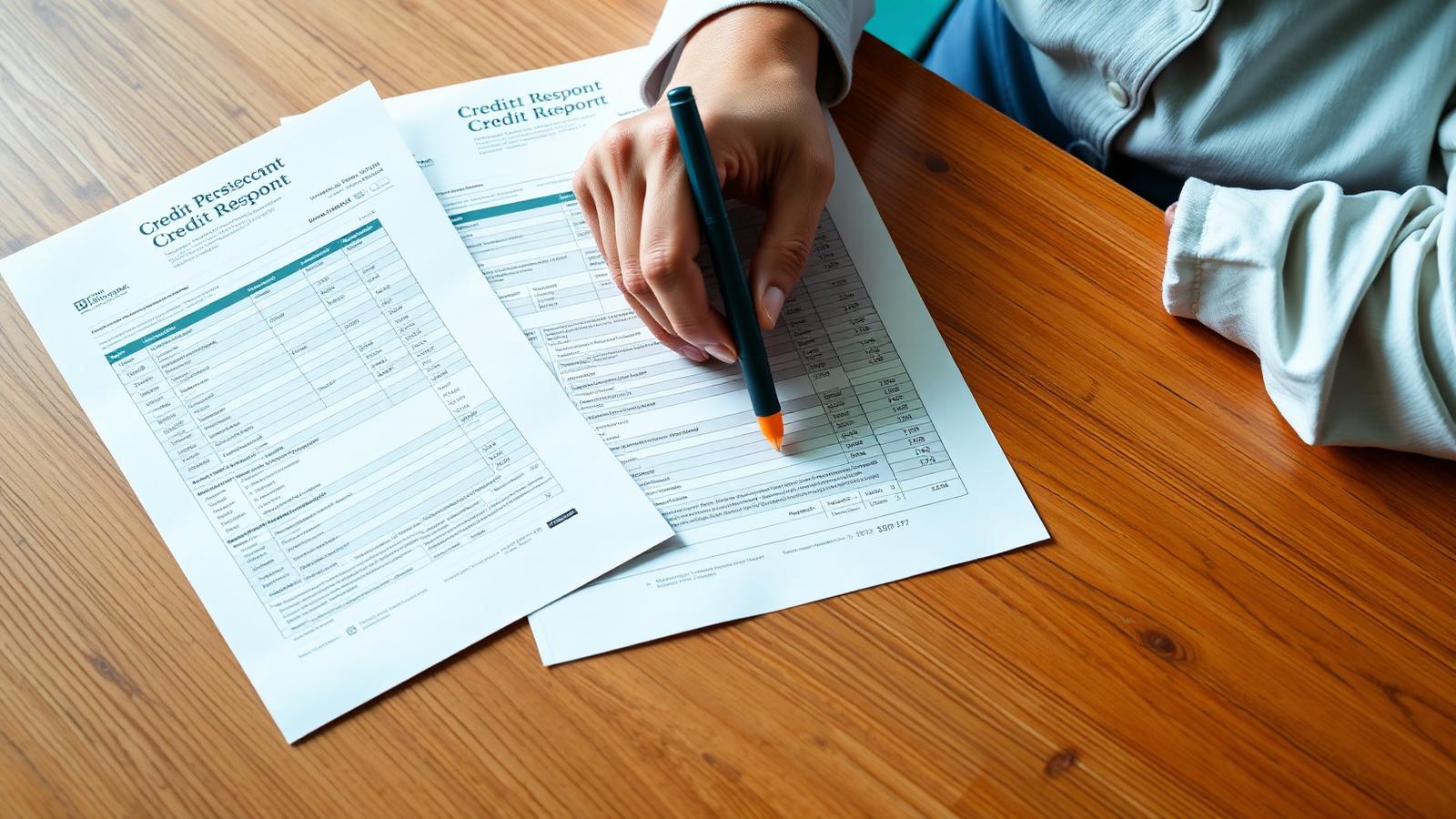 Person comparing three printed credit reports side by side with a highlighter
