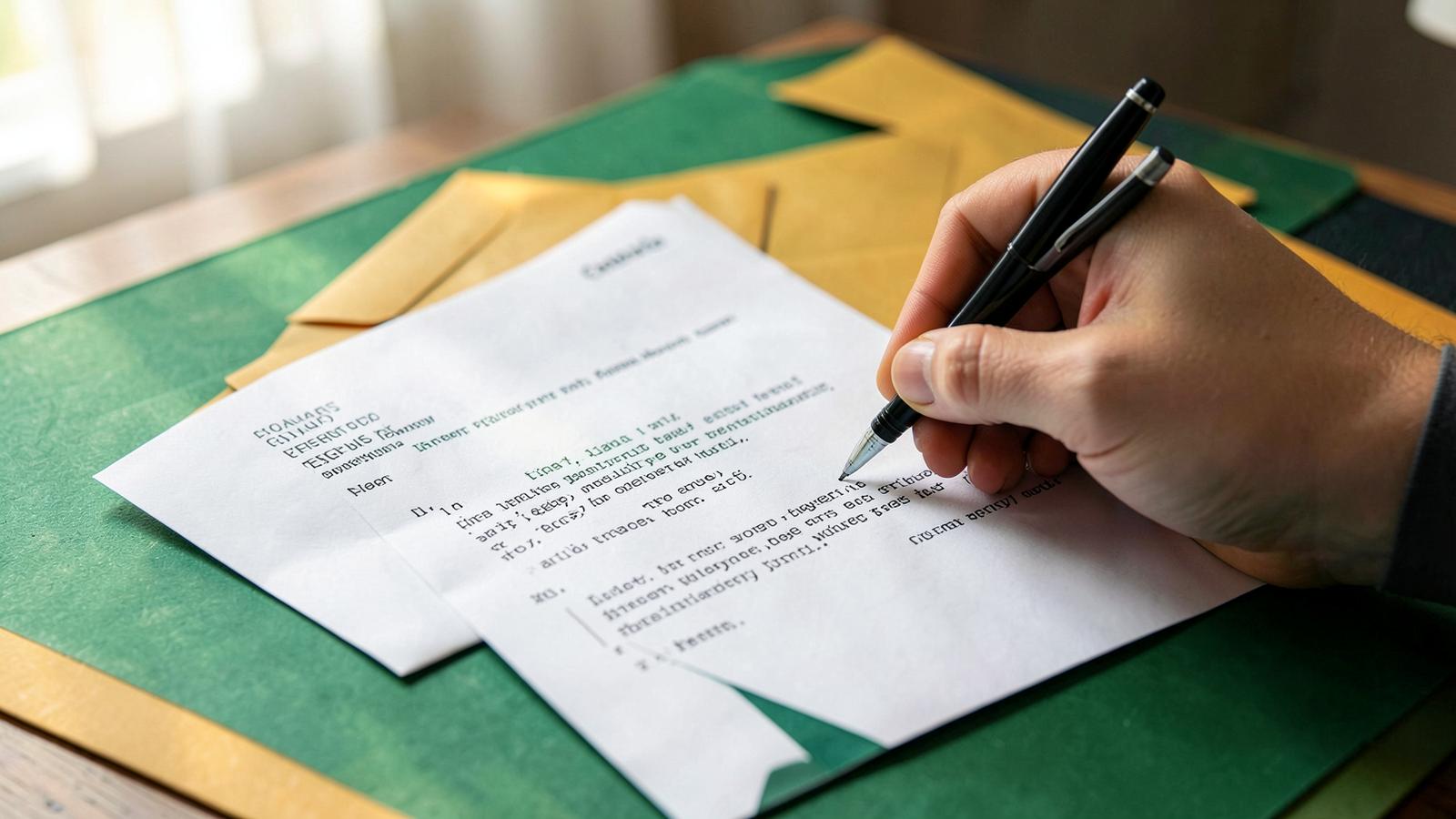 Hand signing a certified mail letter with amber envelopes on a green desk mat