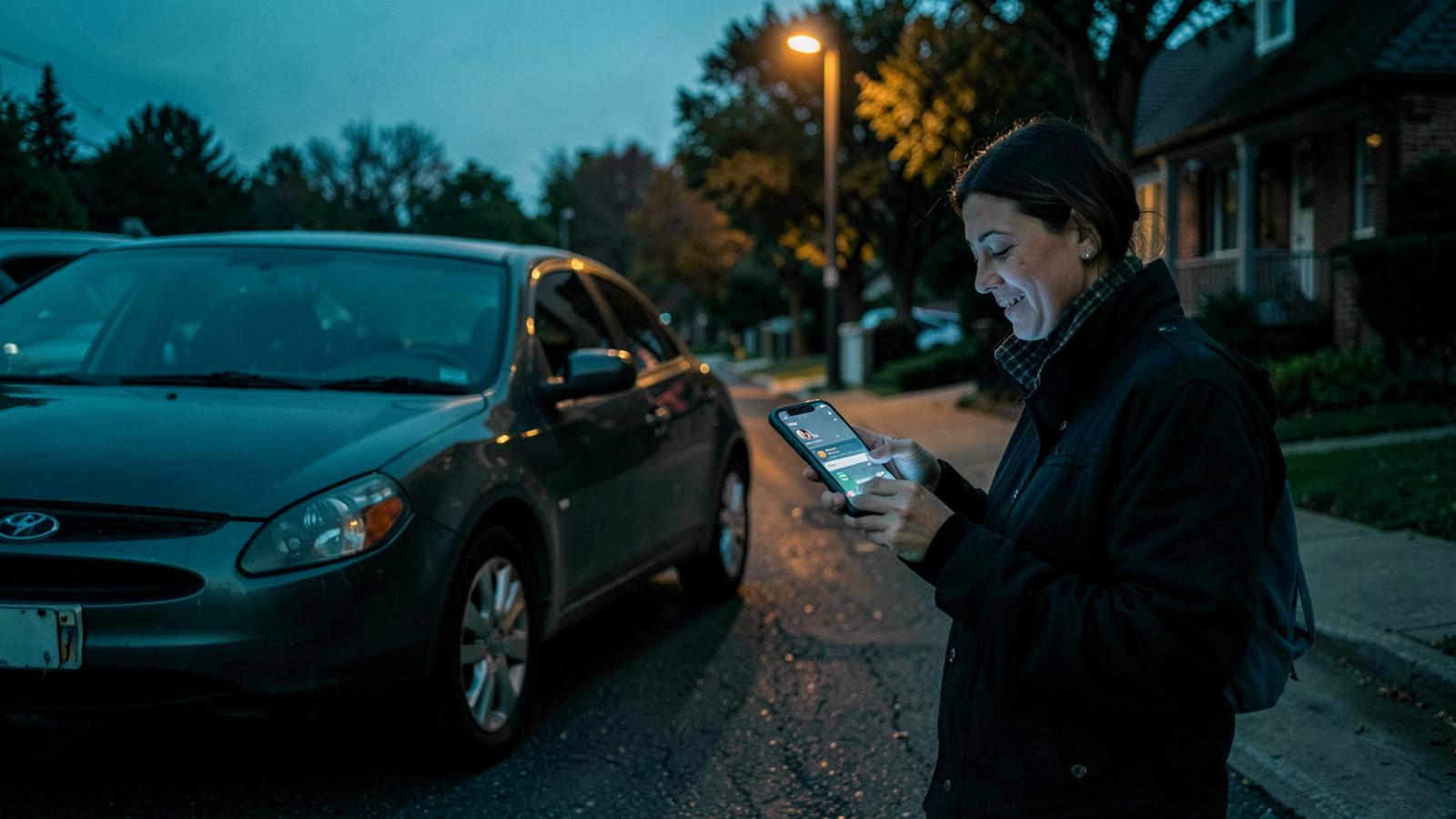 Woman checking her banking app with relief beside her car on a residential street at dusk